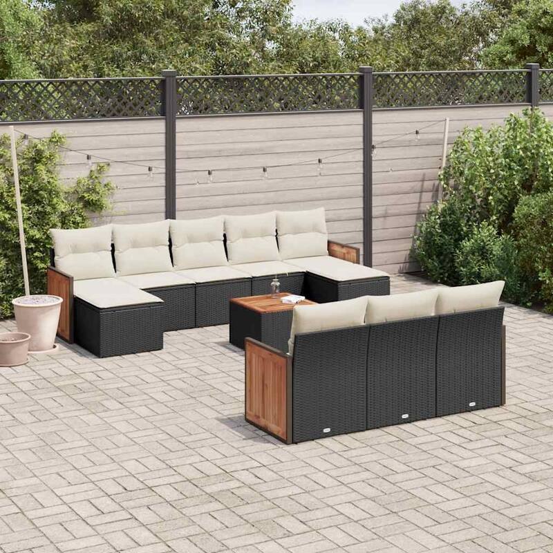 vidaXL Patio Sofa Set with Cushions Outdoor Conversation Furniture Poly Rattan - 21.7 x 21.7 x 14.6 in - Black and cream with table