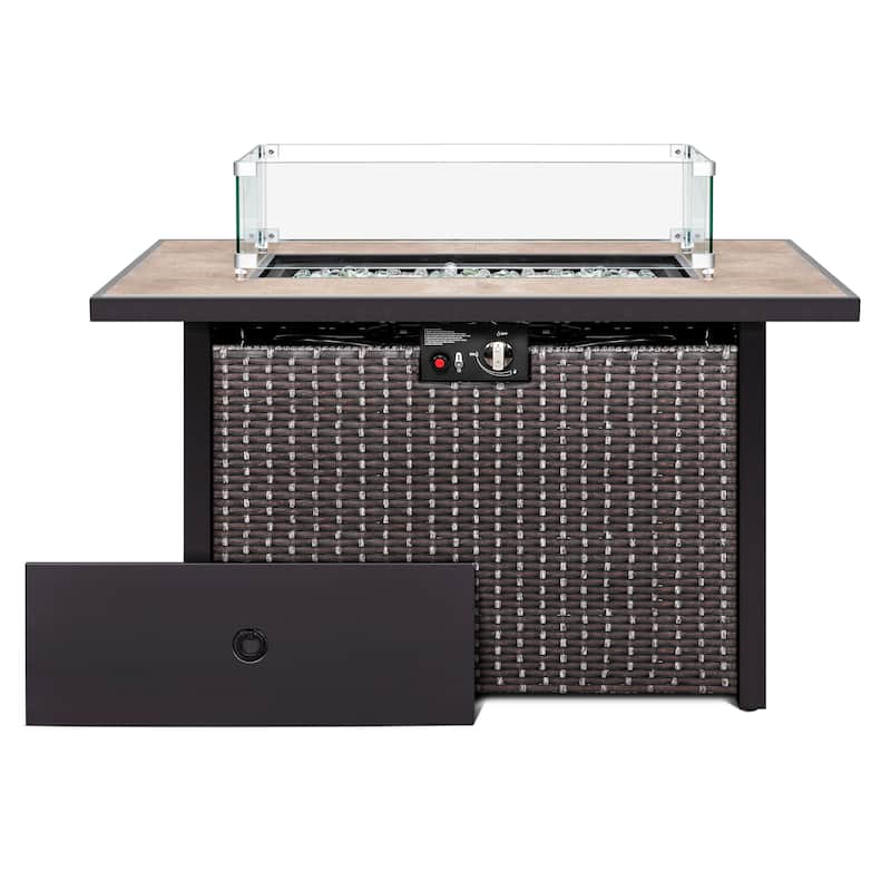 Nuu Garden Outdoor 43-inch 50,000 BTU Propane Gas Fire Pit Table, Ceramic Tabletop and PE Rattan Weaved Iron Frame