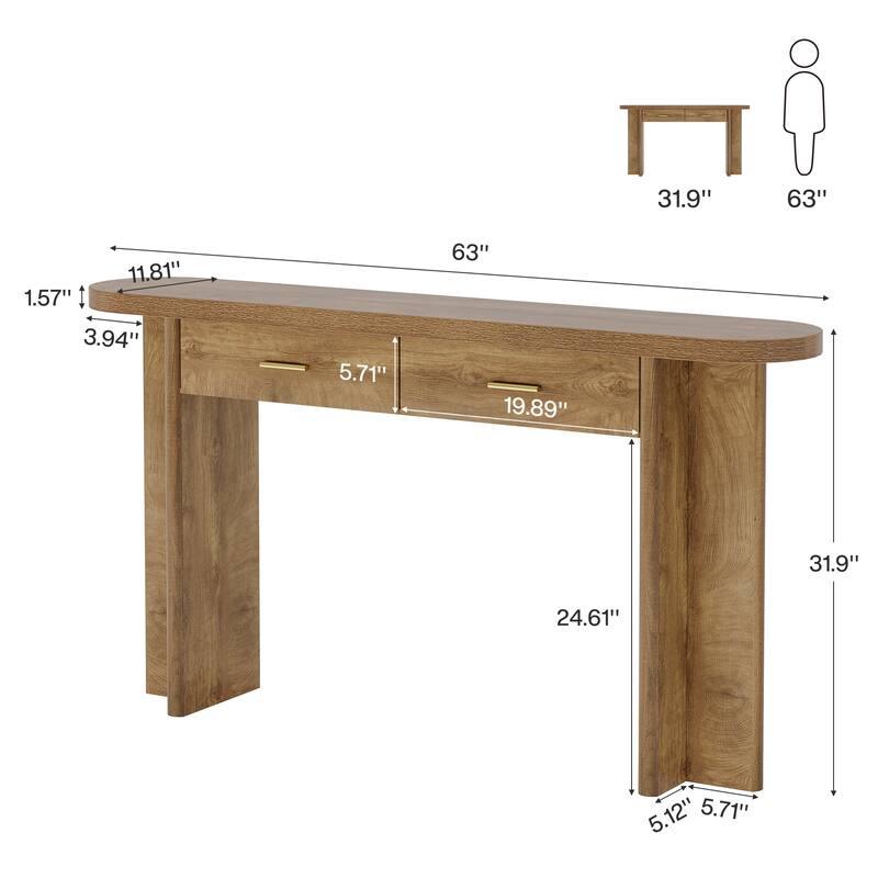 Farmhouse Console Table with 2 Drawers Oval Curved SofaTable for Entryway