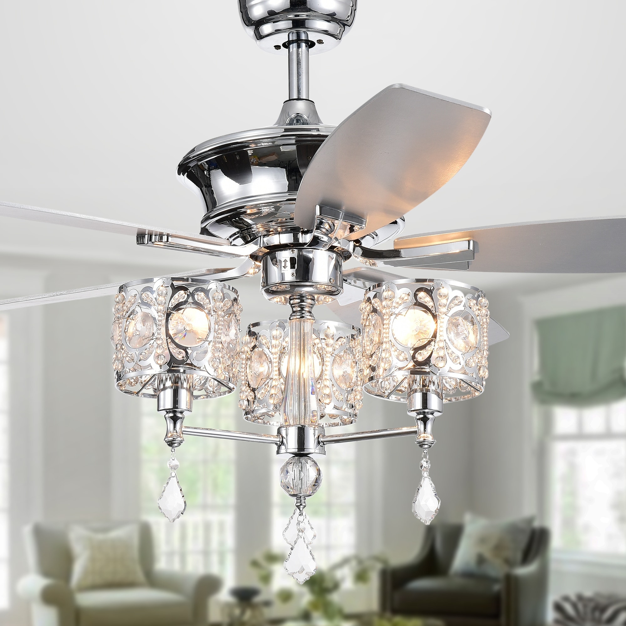 Warehouse of Tiffany Miramis 52-inch Chrome Ceiling Fan with Crystal Chalice Chandelier