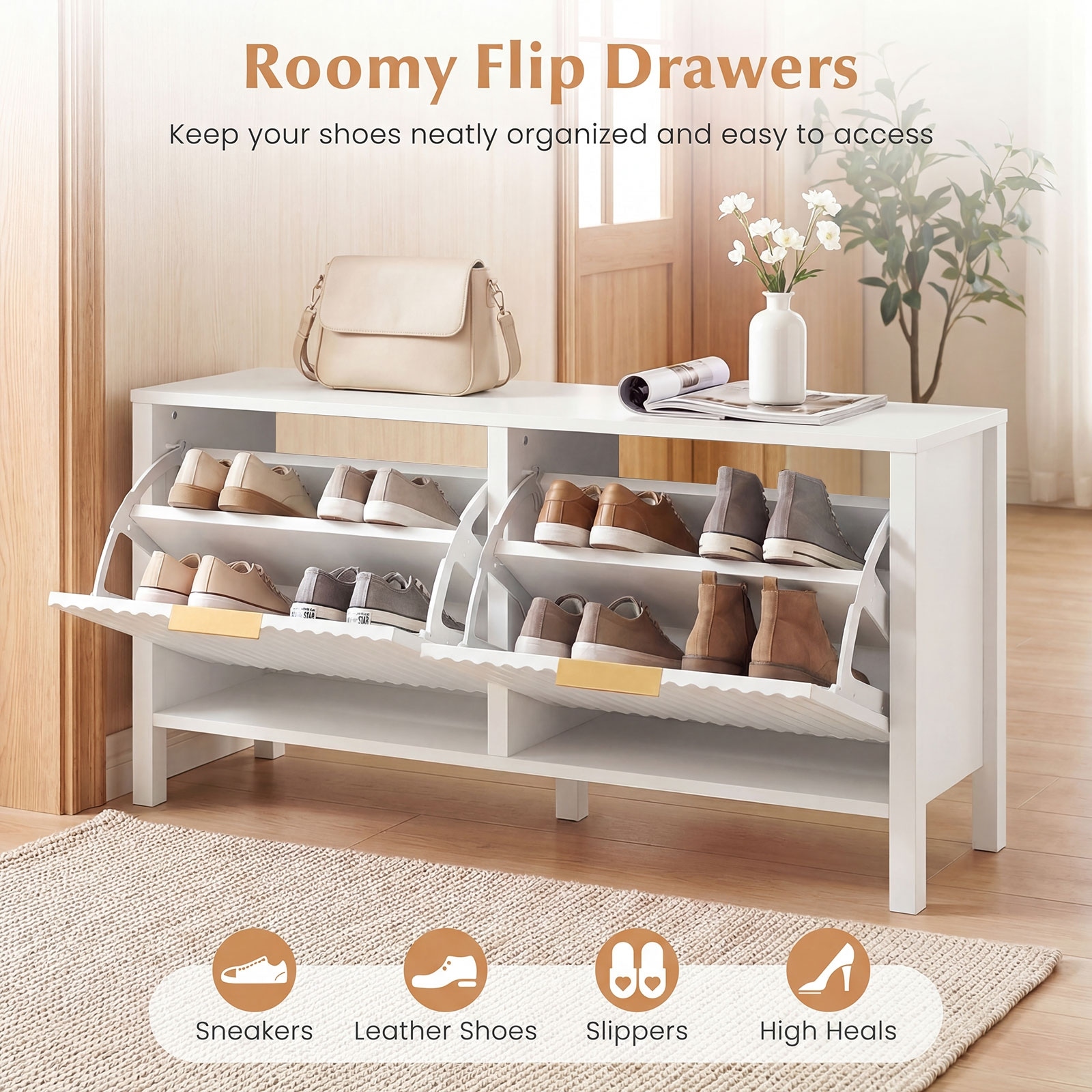 Gymax Shoe Storage Bench Narrow Wooden Entryway Bench w/ 2 Flip