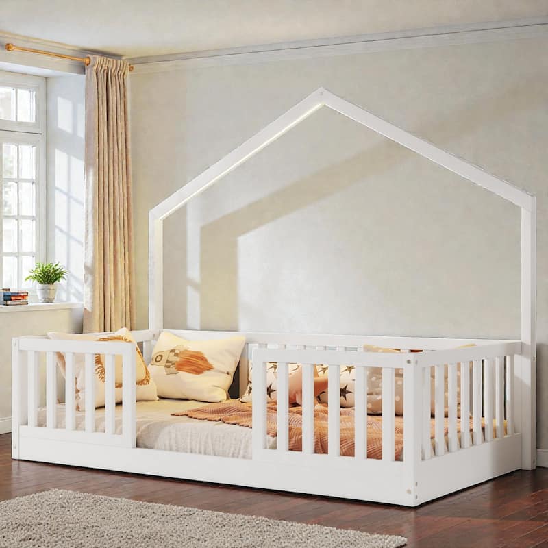 Wood Floor Bed with High Guardrails and LED Light, Montessori Style Low Profile Bed for Kids