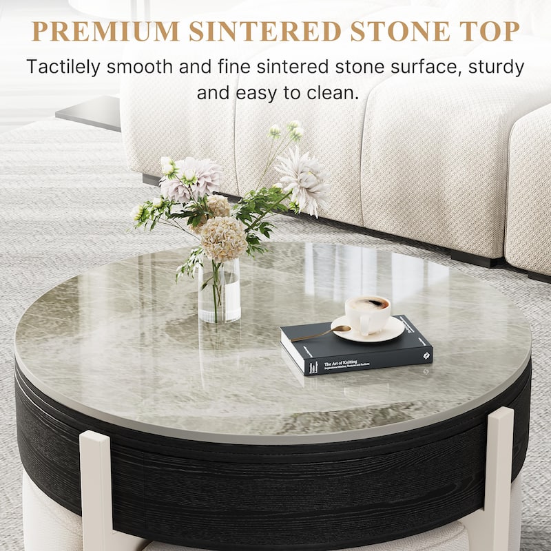 31.5" Modern Coffee Table, Lift Top Coffee Table with 3 Ottomans, Black - 31.5" X 31.5"