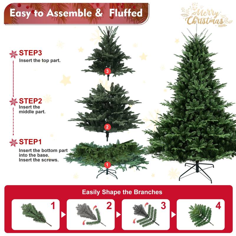 Full-Shaped Artificial Christmas Tree - PE/PVC Mixed Needles, Wide Base, Hinged Structure, Metal Stand - Green