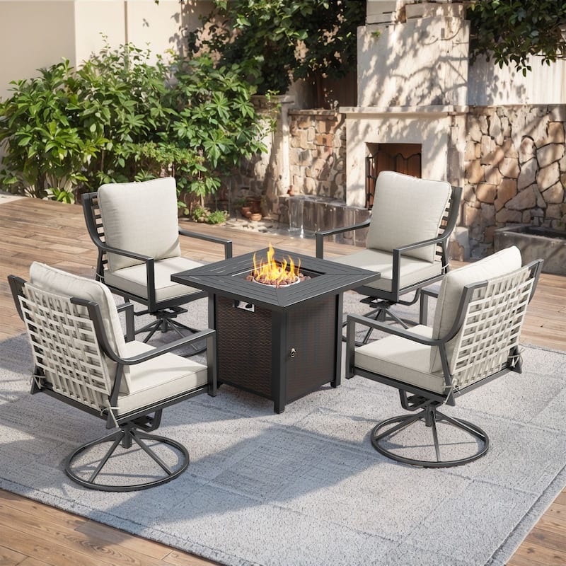 Outdoor Swivel Chairs Patio Glider Chairs Beige Cushion - 5PCS Swivel Chair with Fire Table