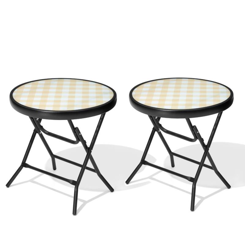 Outdoor Folding Tempered Glass Side Table Patio Bistro Coffee Table - 2PCS - Yellow&White