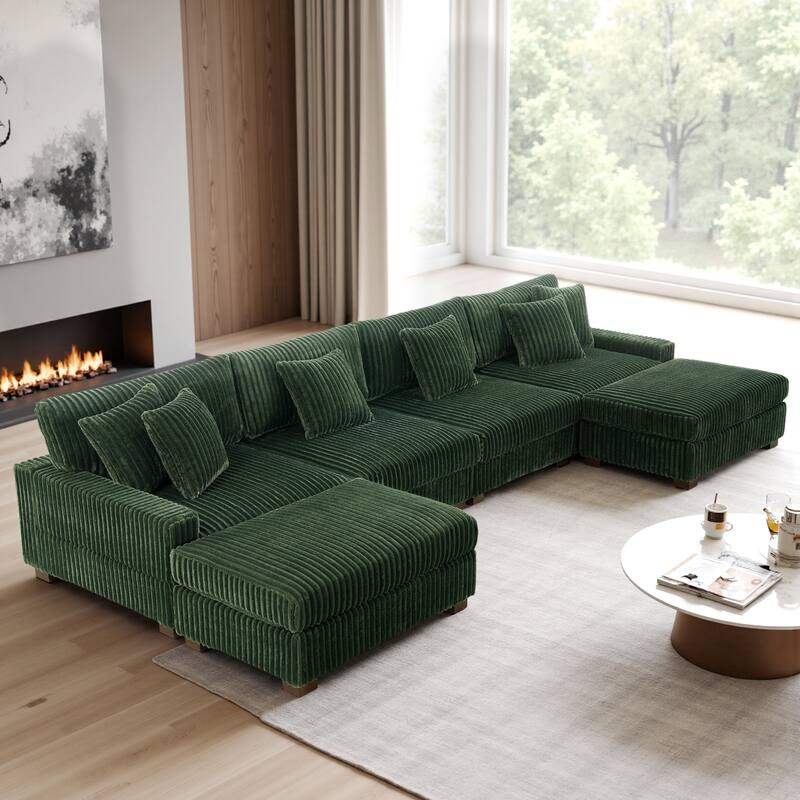Modular Cotton Flannel Plush Sectional Sofa with Ottomans