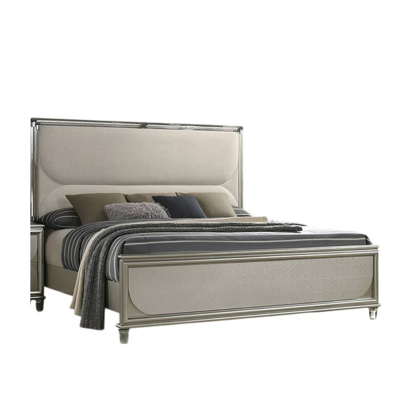 Zema Queen Bed, Upholstered Headboard w LED, Silver Wood, Acrylic Legs