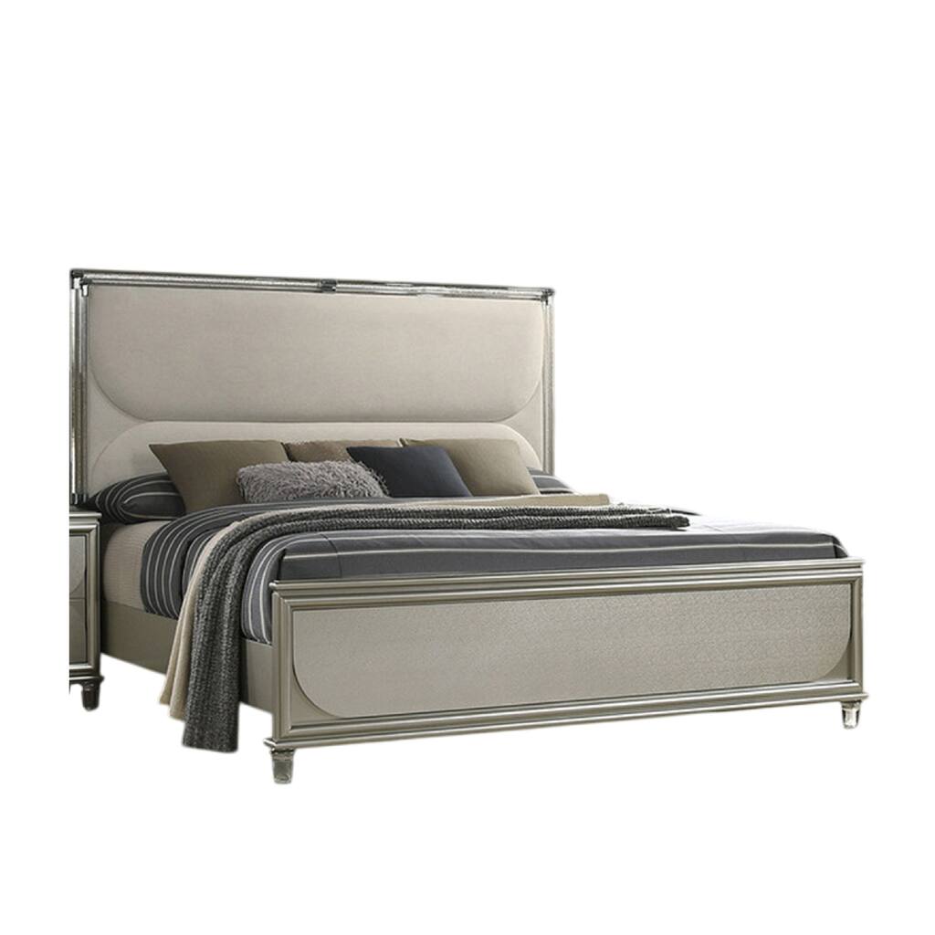 Zema Queen Bed, Upholstered Headboard w LED, Silver Wood, Acrylic Legs