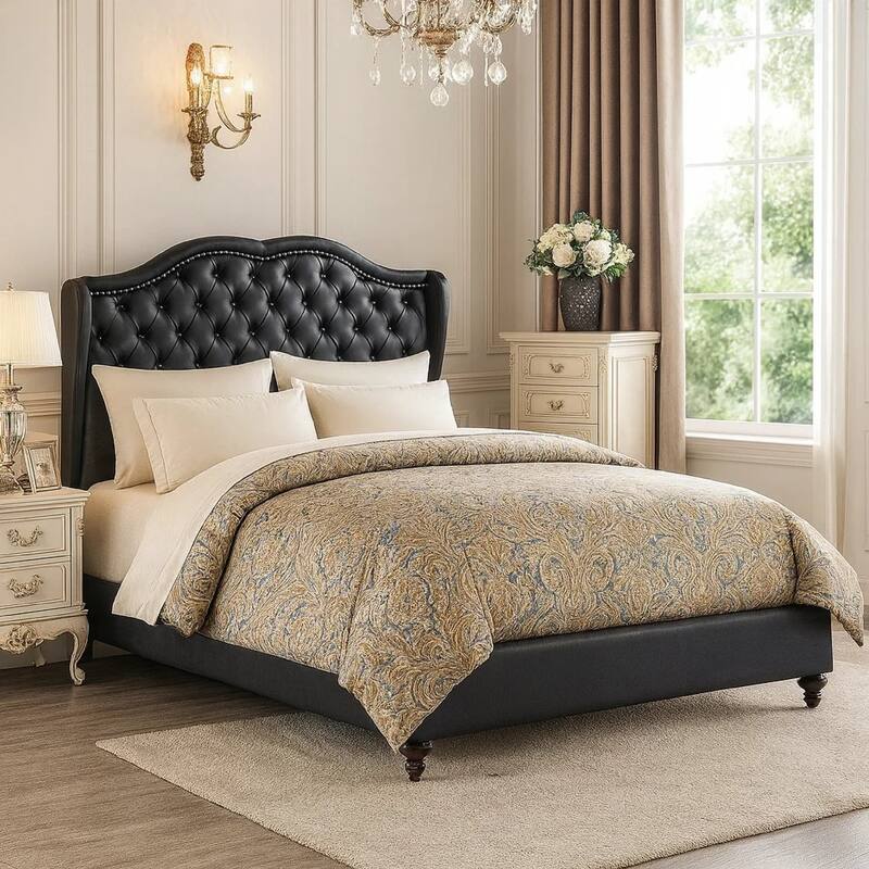 Magnificent Faux Leather Upholstered Full Size Bed Black
