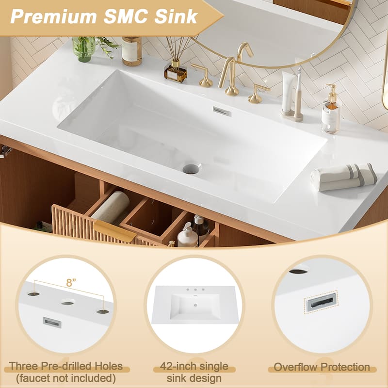 42"Single Sink Bathroom Vanity with SMC Top,MDF Cabinet,Soft Close Doors,U-shaped Drawers,Wall-Mounted Modern Storage Vanity
