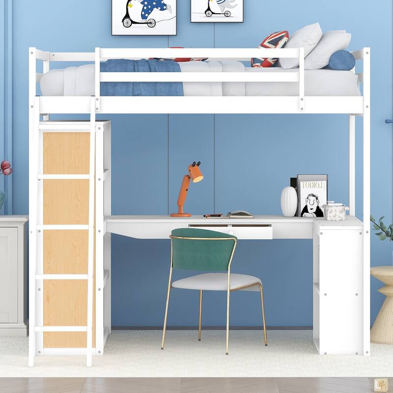 Space-Saving Twin Loft Bed with Desk, Shelves, and Ladder, White