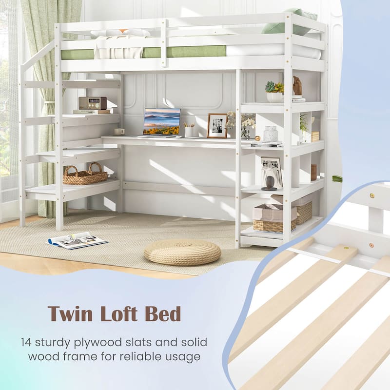 Gymax Twin Size Loft Bed w/ Desk & Storage Stairs Solid Wood Loft Bed