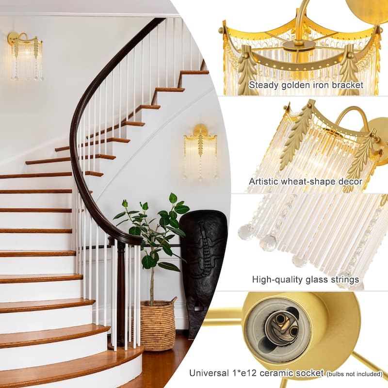 Crystal Wall Sconce Leaf Accents Clear Glass Rod Hanging Crystal Balls