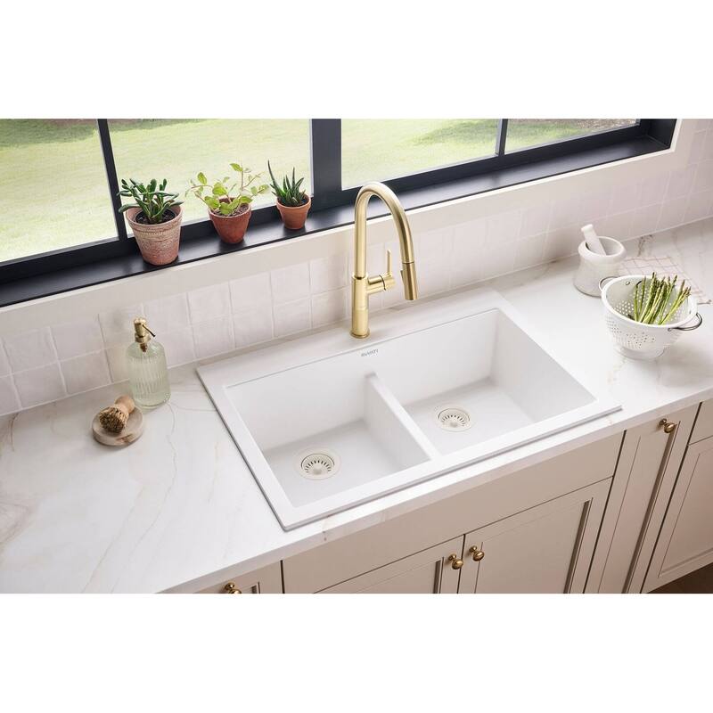 Ruvati 33-inch Drop-in Topmount Workstation 50/50 Double Bowl Granite Composite Quartz Kitchen Sink - Arctic White - RVG1343WH