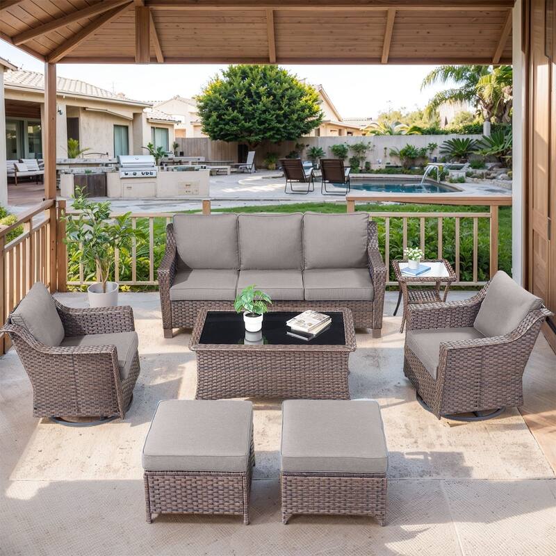 Outside Patio Sofa Chair Set with Cushions - Brwon Wicker Grey Cushion - 7PCS Swivel Chair with Sofa Ottoman Table