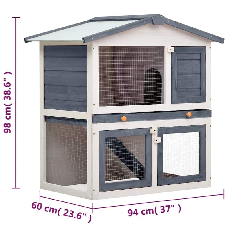 vidaXL Outdoor Rabbit Hutch 3 Doors Gray Wood - 37" x 23.6" x 38.6"