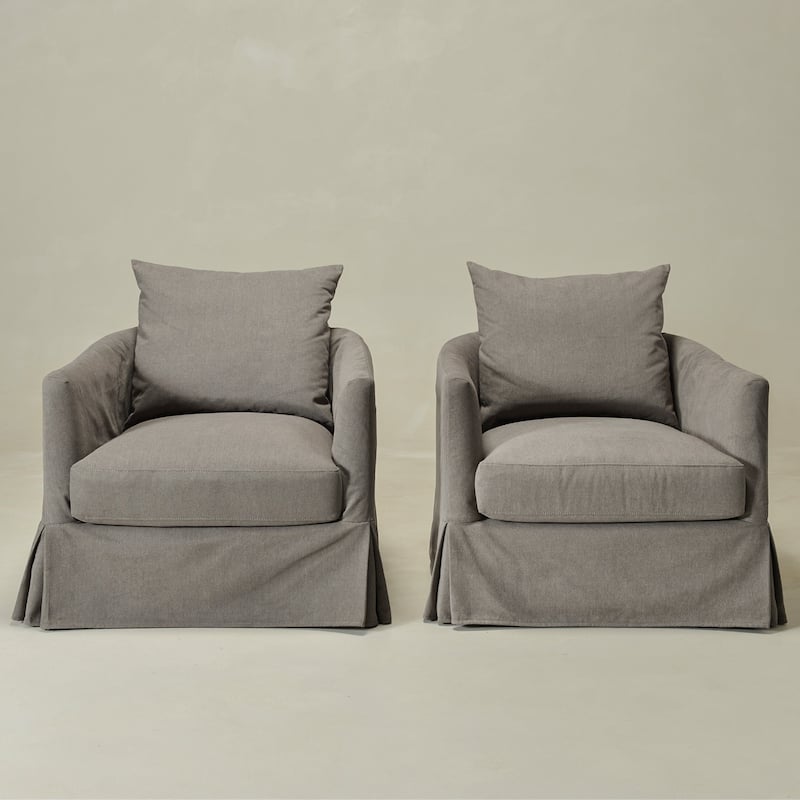 KINWELL 32" W Down Fill Upholstered Slipcovered Swivel Barrel Accent Armchair