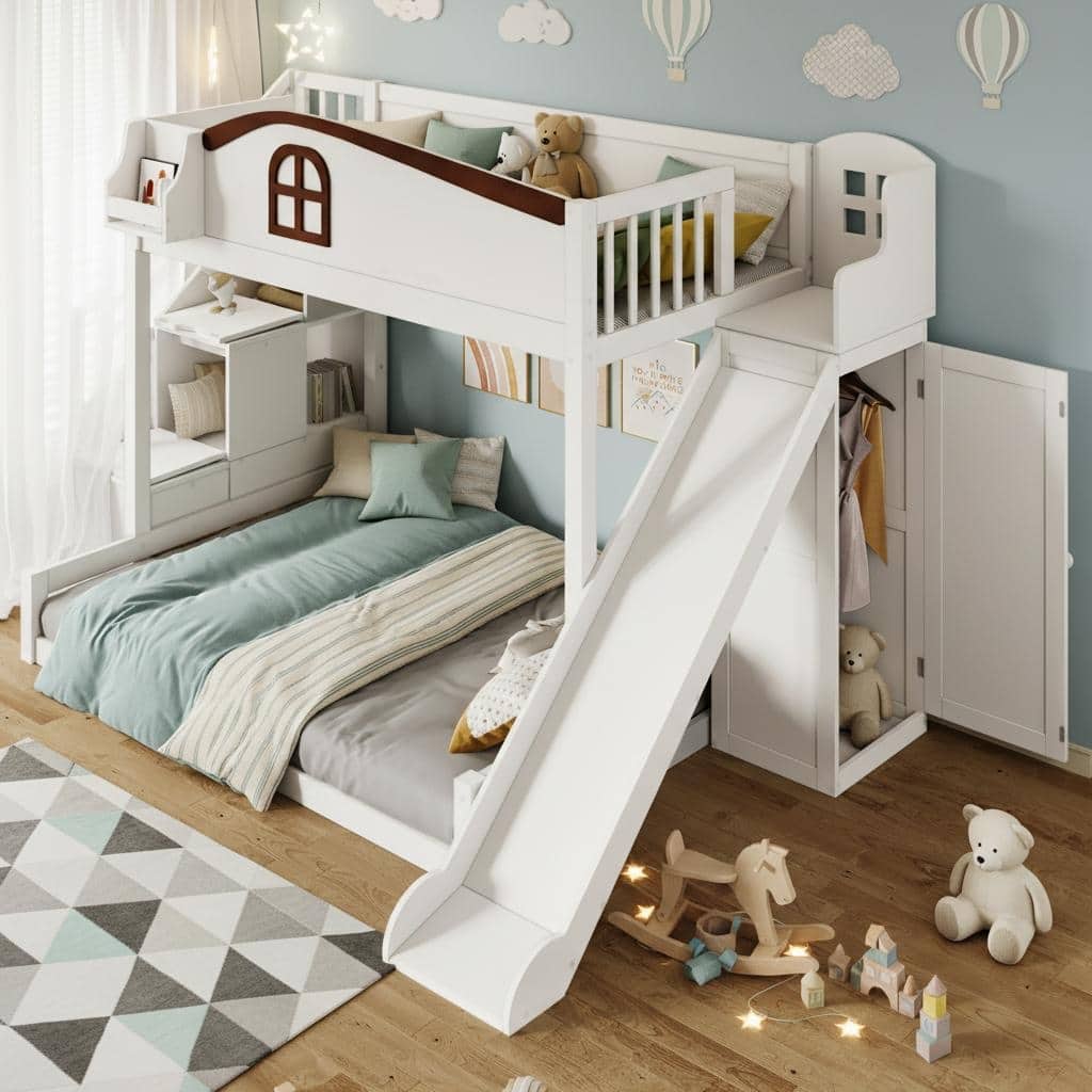 Playhouse-Inspired Twin over Full Bunk Bed with Slide, Storage Staircase & Wardrobe by Harper&Bright Designs