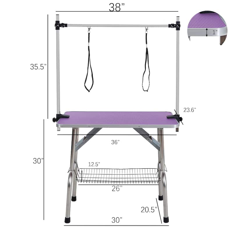 36 inch Folding Dog Pet Grooming Table Stainless Steel Frame Rubber Mat