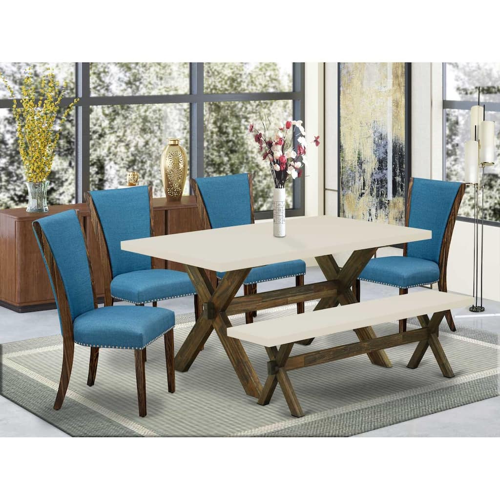 HomeStock 6-Piece Rectangle Distressed Jacobean Finish Solid Wood Top Dining Table with 1-Bench, 4-Chairs
