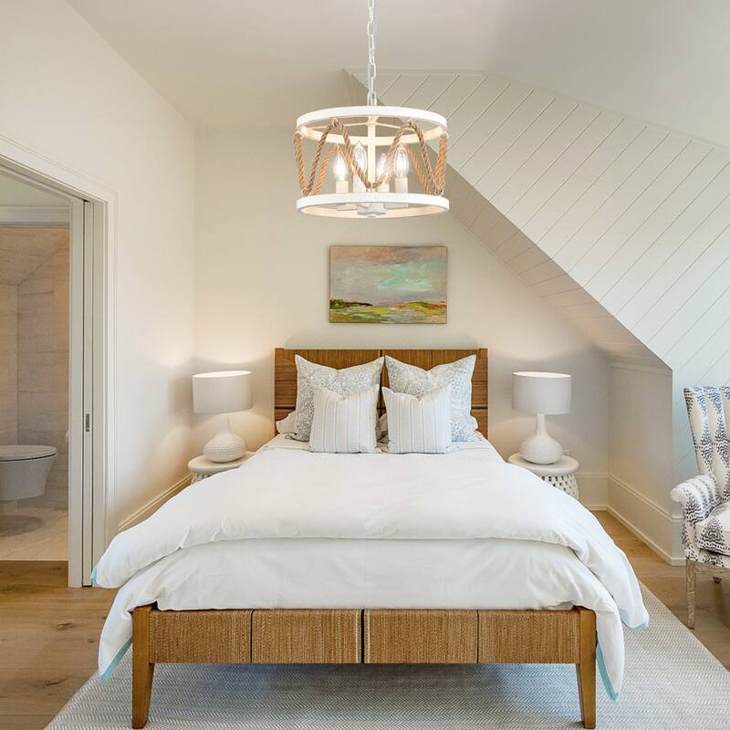 4-Light Drum-shaped Chandelier with Hemp Rope for Kitchen Living Room