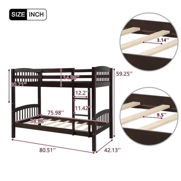 dimension image slide 1 of 2, Modern Concise Design Versatile Twin Over Twin Bunk Bed,Solid Pine Wood Frame and Guardrails,Full-Length Guardrail