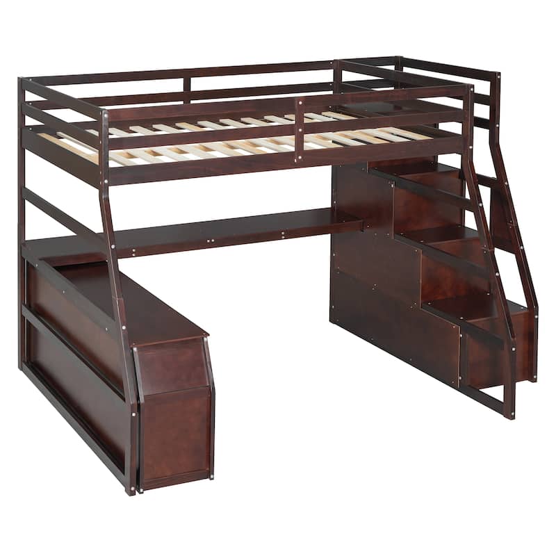 Espresso Full Size Wood Loft Bed with Drawers, Shelves & Desk