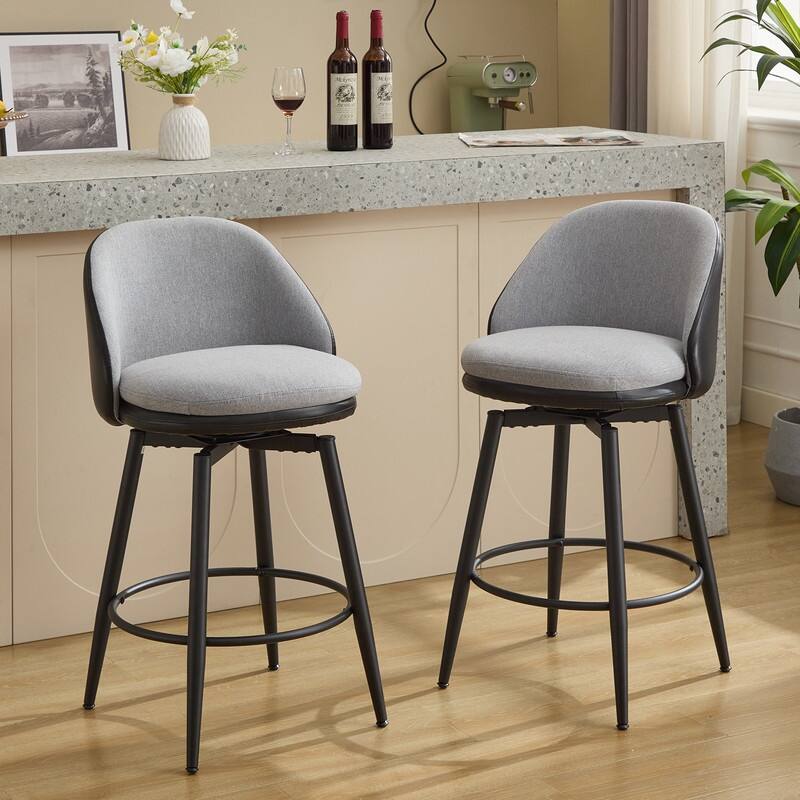 26" Swivel Leather Bar Stools Set of 2, Counter Height PU Leather / Linen Fabric Upholstered Barstool with Metal Legs - Black PU Leather + Grey Linen