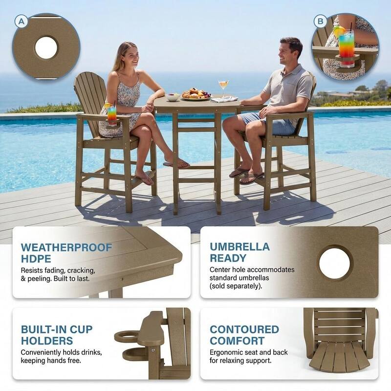 3-Piece HDPE Bar-Height Patio Set, 42.1" Square High Top Pub Table with Umbrella Hole + 2 Bar Stools with Cup Holders