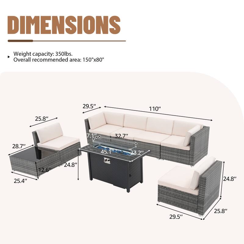 Outdoor Wicker Sectional Sofa 8-Piece Set with Fire Pit Table
