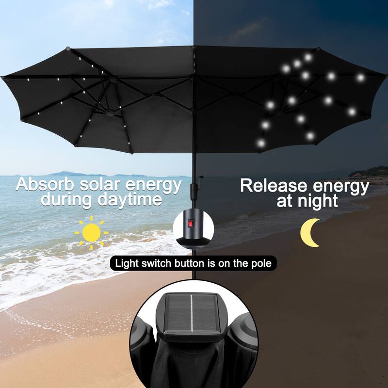 Ainfox 13ft Double-sided Patio Umbrella Solar LED Lighted Outdoor Martet Umbrella with Base