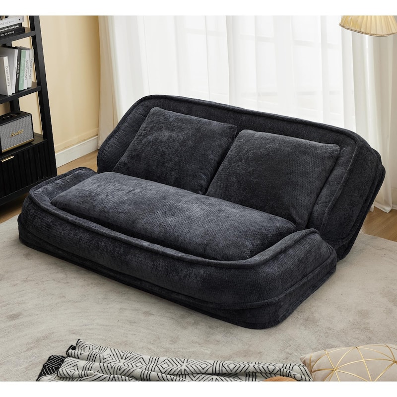 Pet Friendly Lazy Loveseat Sofa 2-in-1 Chenille Floor Couch Double Human Sleeper Bed with 5 Adjustable Position, Plump Pillows