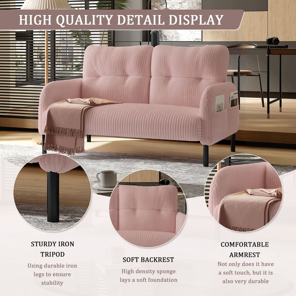 Small Corduroy Upholstered Loveseat Sofa, Lounge Sofa Chair with Double Side Pockets, High-Density Sponge 2 Seater Sofa