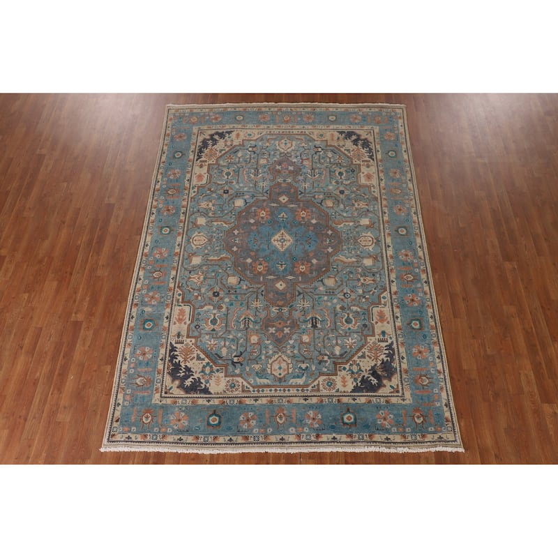 Over-Dyed Blue Tabriz Persian Vintage Area Rug Handmade Wool Carpet - 6'10"x 9'8"