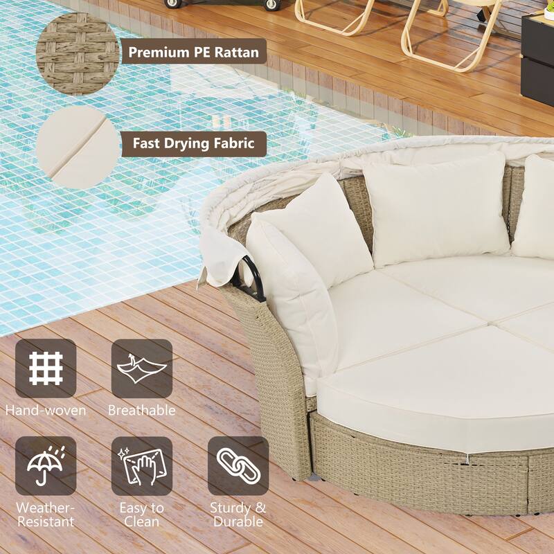 Beige Wicker Rattan Outdoor Patio Double Daybed with Retractable Canopy and 4 Pillows, Convertible Loveseat/Sofa Set
