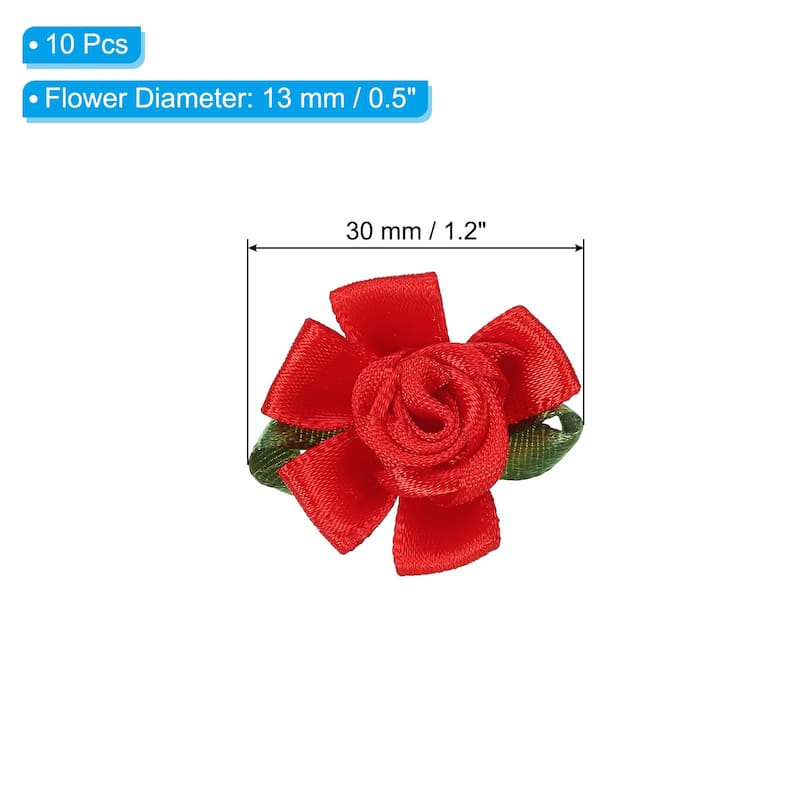 10Pcs Mini Satin Ribbon Roses Small Rosettes Fabric Flowers - Red