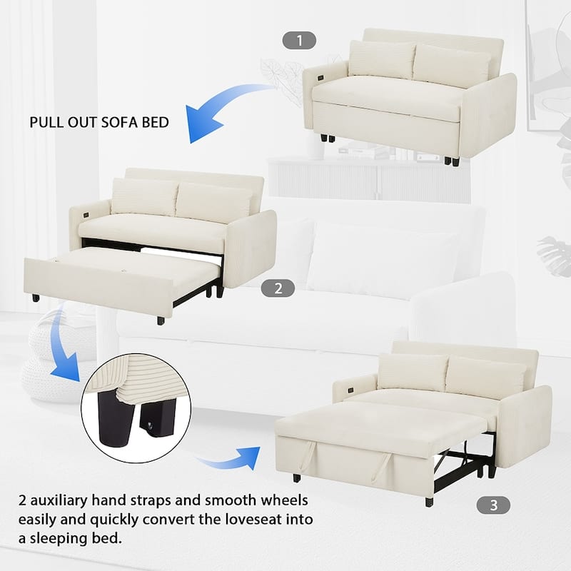 57.48" Modern Sleeper Loveseat, USB Ports and 2 Pillows Included