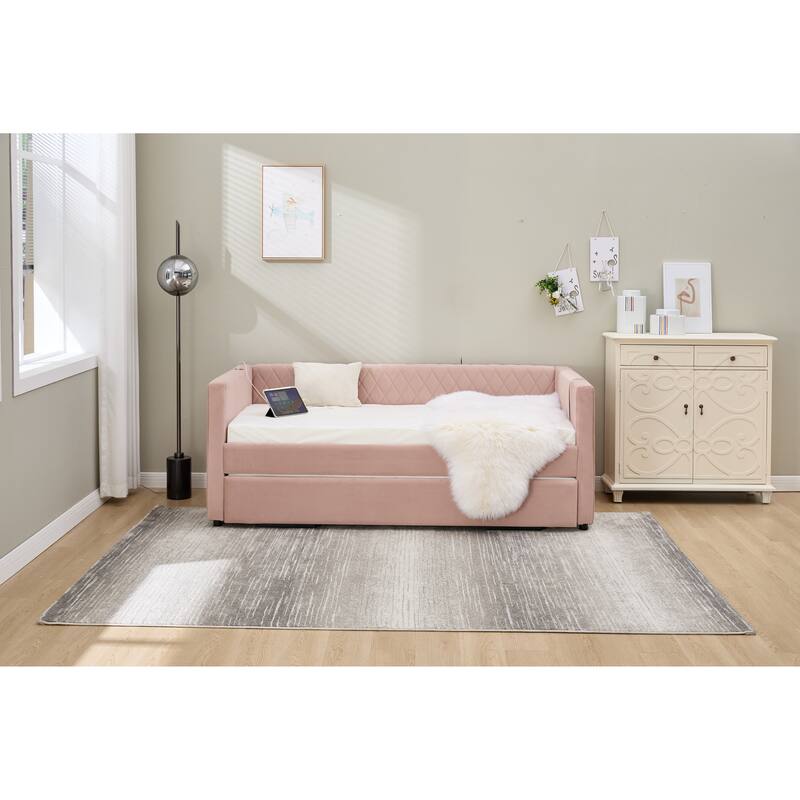 Twin Size Upholstered Daybed with Trundle, Velvet Sofa Bed with USB Port & Side Pockets, Modern V-Grained Backrest Guest Bed