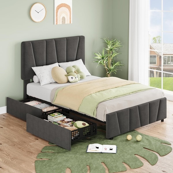slide 2 of 7, Upholstered Platform Bed Frame with Adjustable Headboard and Drawers 75.4"L x 40.9"W x 45.7"H - Grey