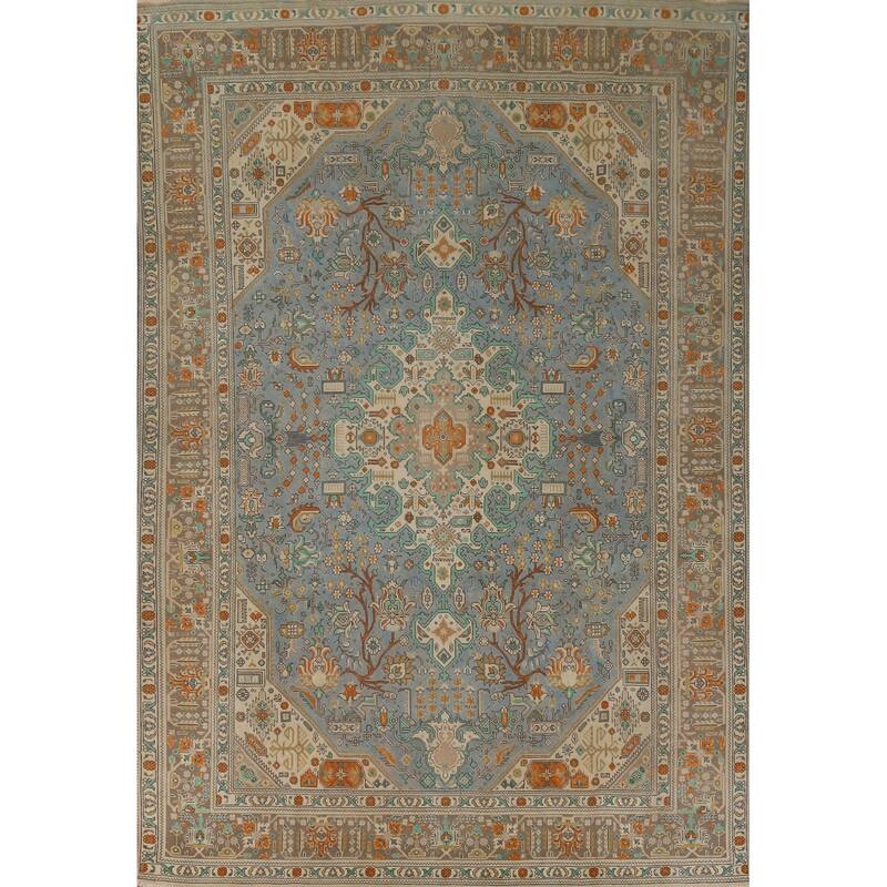 Blue Tabriz Persian Vintage Area Rug Hand-Knotted Oriental Wool Carpet - 8'3" x 11'4"