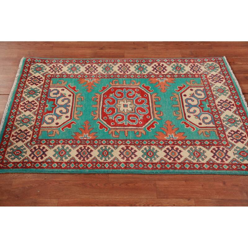Turquoise / Green Kazak Foyer Rug Geometric Handmade Wool Carpet - 2'9"x 4'0"