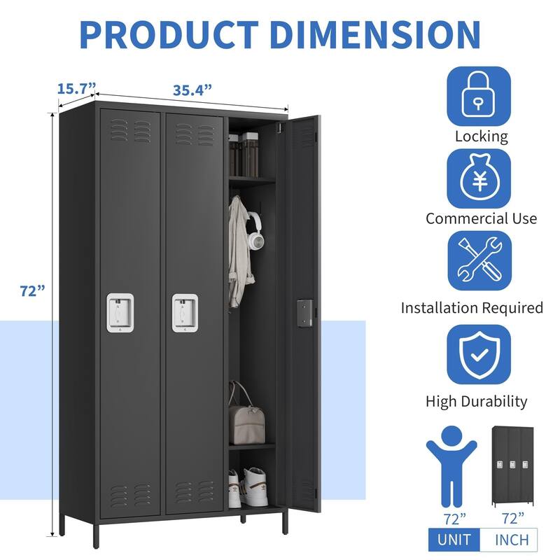 3 Doors Employee Lockers for Office, Metal Sorage Locker Combination, Lockable Employees Metal Locker with Door