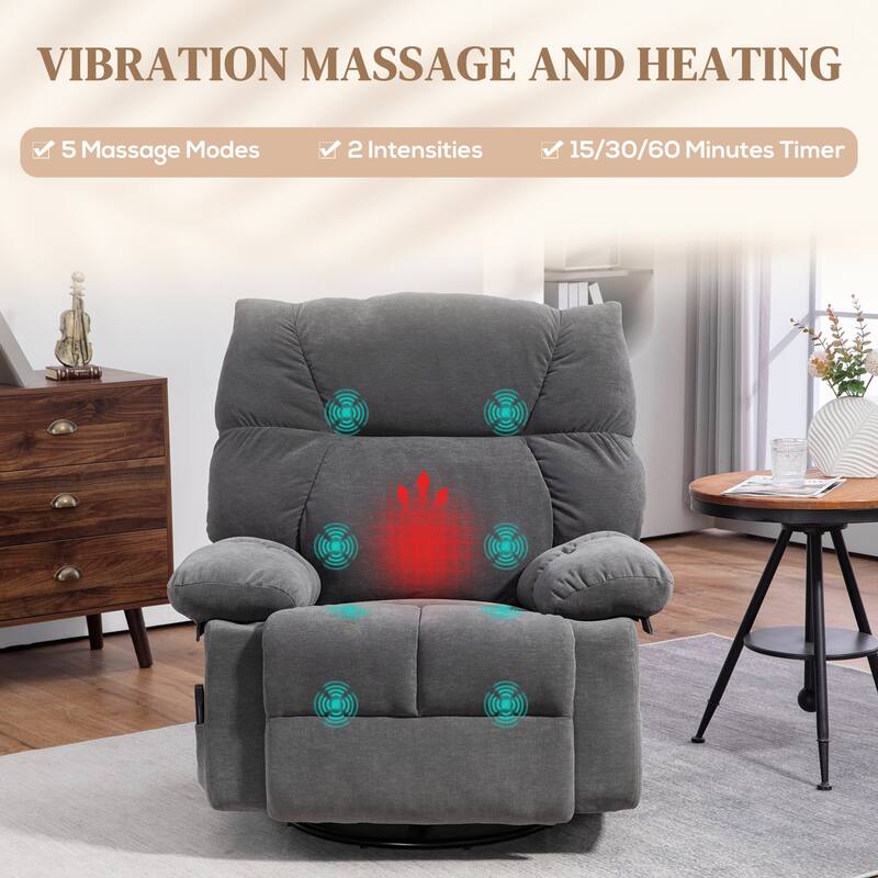 Grey Swivel Manual Recliner Chair with Vibration Massage, Heat, , Footrest, Remote, and 4 Side Pockets