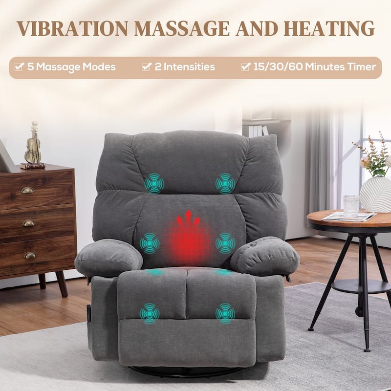 Swivel Manual Recliner featuring Vibration Massage, Heating, Footrest, Remote Control, and Four Convenient Side Pockets