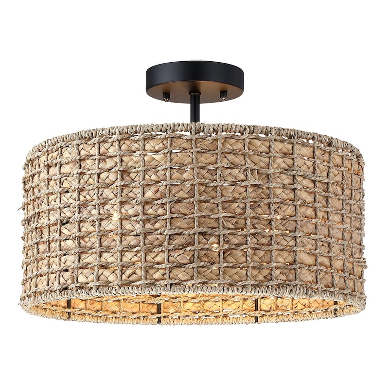 3-Light Rattan Drum Semi-Flush Mount Ceiling Light - 16'' W