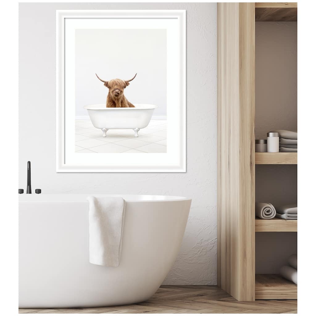 Kate and Laurel Highland Cow Solo Bathtub by Amy Peterson Framed Wall Art Print