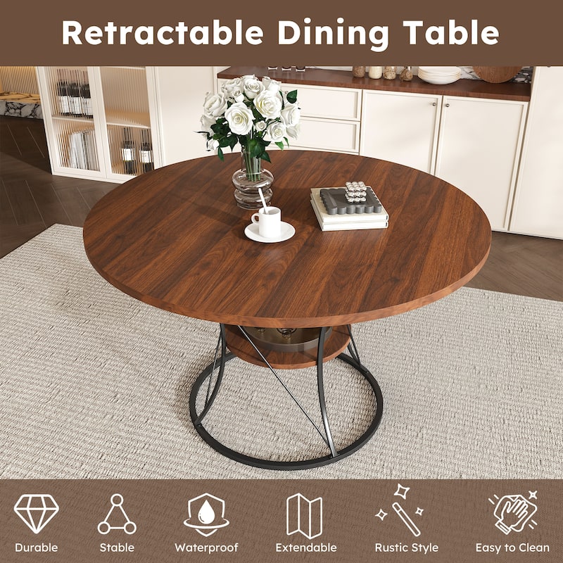43 to 59 Inch Extendable Round Dining Table for 4-6 - Farmhouse Kitchen Table with Storage Shelf & Metal Base
