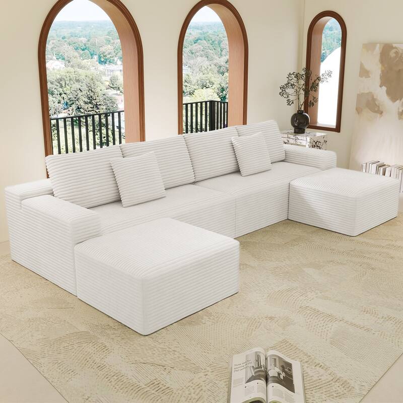 U Shaped Modern Sofa Modular Sectional Cloud Couch with 2 Ottoman, Deep Seat Couches Corduroy Fabric Sofa for Living Room - White