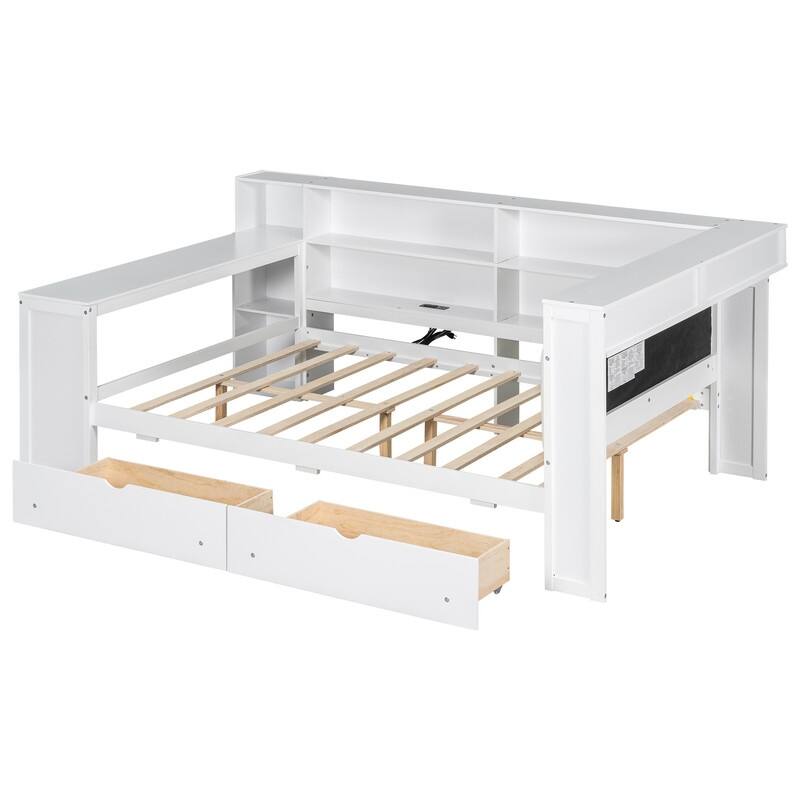 Wood Full Size Platform Bed with Storage Shelves, Drawers, Charging Station, LED, Desk and Upholstered Headboard